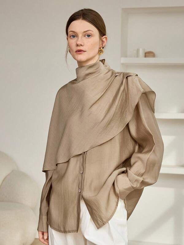 Dazy-Less Blusa de gasa holgada de negocios casuales para mujer, camisa de manga larga con cuello de bufanda, adecuada para oficina, fiesta, boda, primavera/verano/otoño, ropa de mujer de temporada