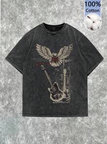 Tseoso Women's Casual Loose Vintage Boho Western Eagle Guitar Print Crew Neck Short Sleeve T-Shirt, Suitable For Summer - Black - View 5