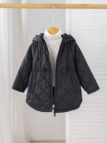 Baby Girl Raglan Sleeve Zip Front Drawstring Waist Hooded Casual Padded Coat,In Fall/Winter