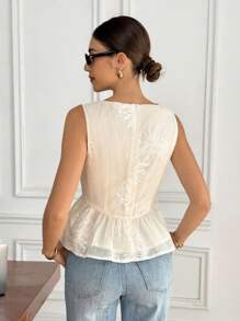 Serisse Áo hai dây thời trang cổ tròn viền bèo nhún họa tiết hoa jacquard dành cho nữ - Màu be - Xem 3