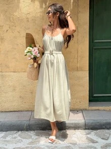 SHEIN Frenchy 女士休闲褶皱腰吊带连衣裙，夏季 - 杏色 - 查看 3