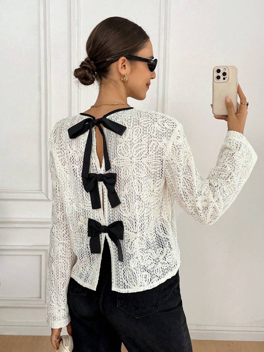 Serisse Blusa elegante de encaje con lazo en la espalda para uso diario, otoño para mujeres, aeropuerto para mujeres, blusas de trabajo para mujeres - Beis - Ver 1