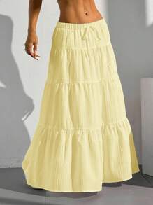 SHEIN EZwear Plus Size Women Solid Color Waist Tie Ruffle Hem Casual Skirt,Back To School - Yellow - View 12