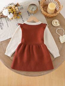 SHEIN Baby Girls' Bowknot Ruffle Hem 2 In 1 Knit Dress/Sweater, Autumn/Winter Brown Baby Girl Dress Vintage Style Fall - Beige - View 2