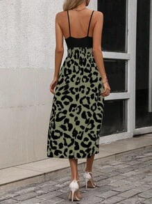 Chiquease 豹纹开衩大腿吊带连衣裙长款女装夏季大学校园服装