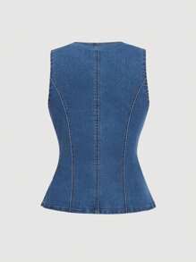 SHEIN PETITE Women's Blue Denim Tops, Old Money Style Vest Sleeveless Tops, Old Money Style Office Wear - Medium Wash - View 2