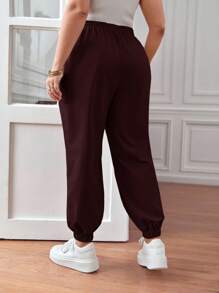 SHEIN PETITE CURVE 加大码抽绳腰裤，慢跑裤，宽松版型 - 紫紅色 - 查看 3