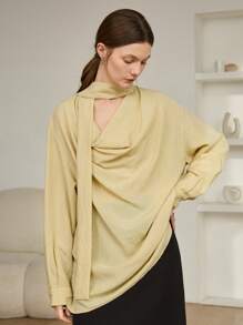 Dazy-Less Blusa de Trabalho Casual Solta Amarelo Creme para Escritório, Gola Flare Oca com Amarração, Manga Longa, Adequada para Primavera, Verão e Outono - Amarelo - Visão 5