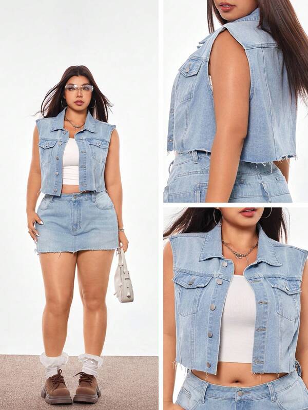 SHEIN ICON Plus Size Women's Spring/Summer Single-Breasted Frayed Hem Denim Vest/Jacket