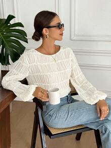 Serisse Áo kiểu nữ màu trơn cổ tròn tay phồng xếp ly, áo kiểu Pháp cổ tròn nhún bèo, áo voan dài tay dáng rộng xếp nếp, thanh lịch mùa thu, áo kiểu nữ sang trọng, áo sơ mi dài tay màu trắng, áo kiểu thêu lỗ cho nữ, áo voan chiffon phối ren màu mơ thanh lịch cho nữ mùa thu/đông, áo trắng, áo tốt nghiệp, áo giáo viên, áo đi học, áo kiểu nữ thanh lịch, B2 phong cách thường ngày mùa xuân - Màu be - Xem 3