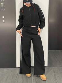 SHEIN 少女休闲舒适宽松连帽衫、开衫、背心和裤子套装 - 黃色 - 查看 1