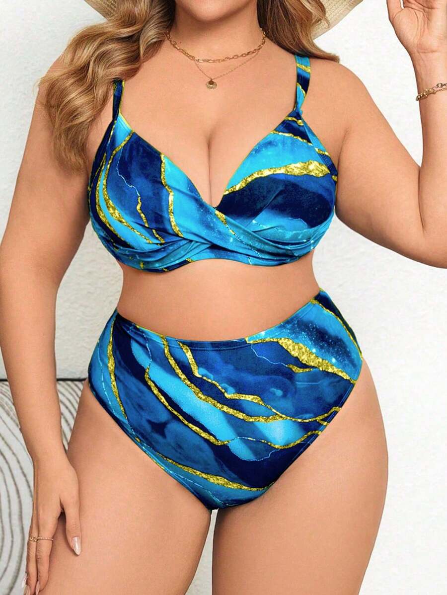 Swim Lushoire Costume da bagno a due pezzi con stampa tie-dye astratta e nodo davanti, taglie forti per donna