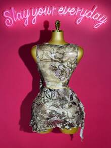 Slaydiva 2025 年夏季新品，学院风，返校季，生日派对，日常休闲，度假，热门单品，女式无袖短款抽绳不对称下摆紧身迷你裙套装，大地色系花卉印花，夏季两件套服装 - 彩色 - 查看 2