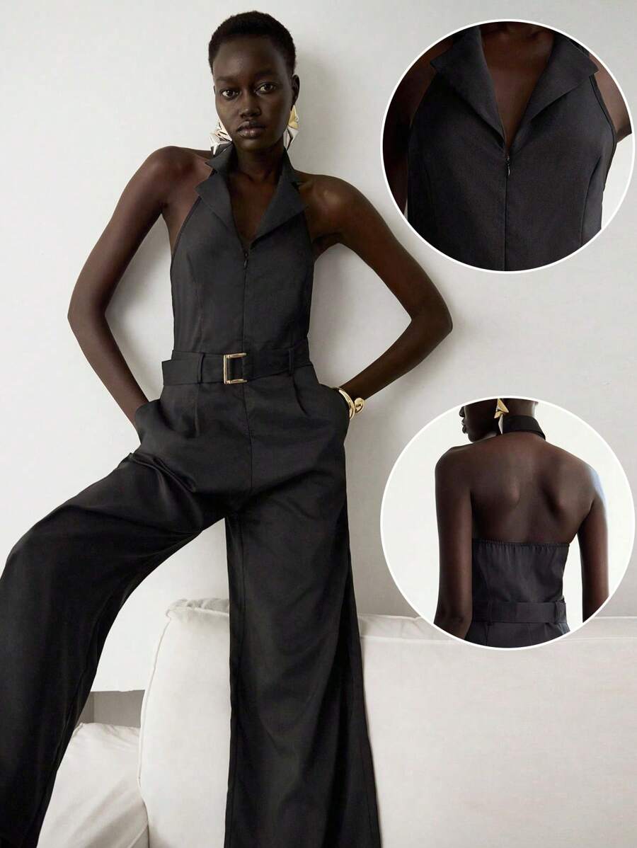 Lumivelle Halloween Summer Old Money Women 2025 New Design Black Lapel Sleeveless Backless Loose Jumpsuit For Women In Summer, Black Metal Decor Waist Belt Backless Halter Straight-Leg Jumpsuit, High-End V-Neck Sleeveless Backless Jumpsuit For Women In Summer, Elegant Waist Tie Jumpsuit With High Waist Wide Leg Pants