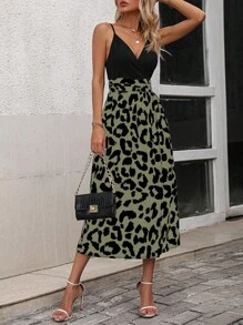 Chiquease 豹纹开衩大腿吊带连衣裙长款女装夏季大学校园服装