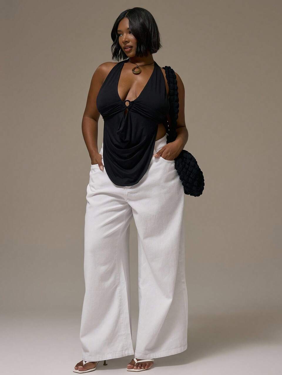Curve Extreme Plunge Halter Neck Ring Detail Top Holiday Cute Holiday Romantic Cute Sexy Club Spring Summer