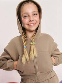 Leap Crew Leap Crew Bộ quần áo hoodie và quần dài thoải mái thường ngày cho bé gái tuổi teen có họa tiết in ở mặt sau - Màu Khaki - Xem 3