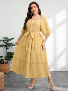 Modelyn Plus Size Women's Belted Square Neck Cake Skirt - Yellow - View 6