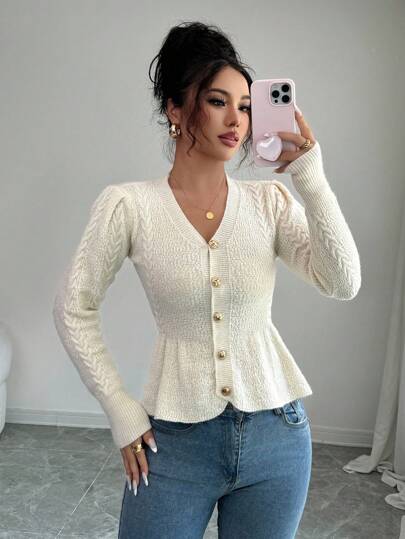 Elenzga Women's Elegant Ruffled V-Neck Waist Fitted Knit Cardigan Sweater, Suitable For Holiday & Vacation, Autumn/Winter