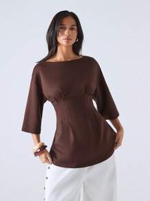 LYSMO 女士纯色圆领落肩袖收腰休闲T恤，夏季