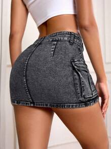 SHEIN PETITE 女式休闲水洗牛仔工装迷你裙，夏季 - 淺灰色 - 查看 2