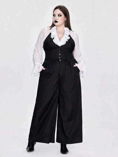 Conjunto de 2 piezas de Top ajustada con cuello alto y pantalones de pierna ancha de unicolor talla grande
