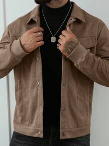 Manfinity Roughcore Men's Long Sleeve Single-Breasted Casual Loose Suede Fleece Jacket Brown Jacket Men Cropped Men Jacket Men Mocha Bomber Jacket