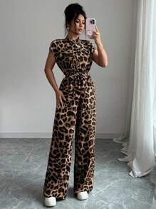 Women's Elegant Stand Collar Open Front Short Sleeve Waist Flared Leg Jumpsuit Clothes For University - Khaki - View 7