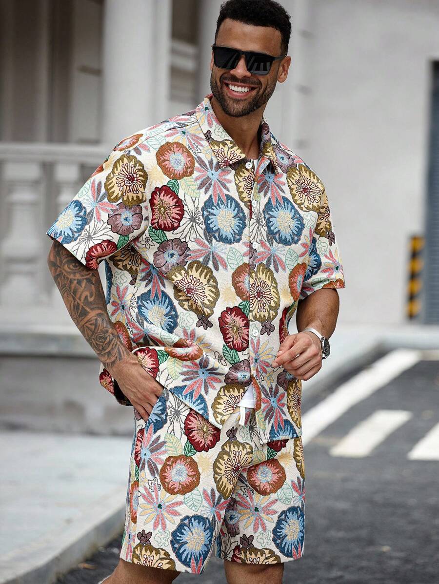 Manfinity LEGND 男士休闲时尚宽松短袖衬衫套装 - 彩色 - 查看 1