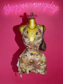 Slaydiva Spring And Summer Fashion Casual Sexy Sway Collar Sleeveless Cropped Vest Top + Asymmetrical Hem Ruffled Mini Skirt Ultra-Short Skirt Yoga Full Pink Upgraded Fruit Green Bottom Print Printed Ladies Two-P