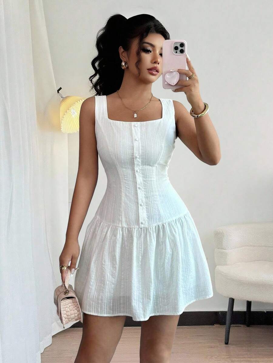 Rafferiza 优雅时尚修身圆领荷叶边下摆休闲通勤女士短款连衣裙，夏季 - 白色 - 查看 1