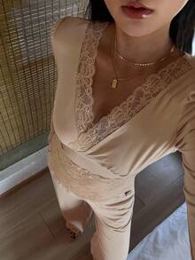 DAZY Comfortable Knit Lace Patchwork Women's Pajama Set, Fall Clothes, Cozy Outfits - Apricot - View 7