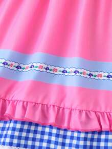 4-7 岁女童泡泡袖连衣裙，花卉印花拼接可爱休闲舒适荷叶边下摆泡泡袖连衣裙，返校学院风，适合所有季节 - 粉色 - 查看 6