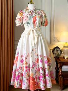 Celure 大码雪纺连衣裙，无弹性，花卉印花短袖，袖口带纽扣，衬里防透视，休闲浪漫优雅度假风格 - 彩色 - 查看 10