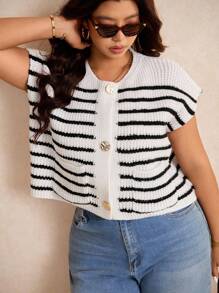 SHEIN Elaquor Cárdigan de punto grueso de ajuste holgado con botones metálicos, patrón de rayas, minimalista y versátil, para talla grande, otoño - Blanco y Negro - Ver 7