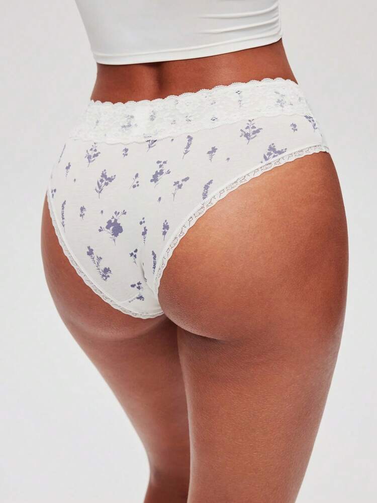 3-Pack Lace Trim Cotton Mid-Rise Cheeky Panties Set- Floral Print Lace Trim