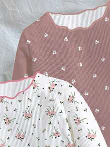 SHEIN 4件套新生儿花卉印花长袖T恤套装，适合夏季 - 彩色 - 查看 3