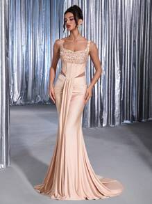 Glamrae Váy đuôi cá xếp nếp dệt kim co giãn đính hạt sequin lấp lánh sang trọng thanh lịch, thích hợp cho đám cưới, tiệc cocktail, ngày lễ, dạ hội, váy dạ hội (được tô điểm nhiều) - Màu be - Xem 6