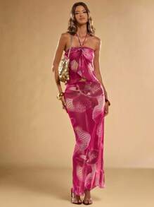 SHEIN BAE 1 Set Top sin mangas con estampado completo y ruedo con volantes & Minifalda
