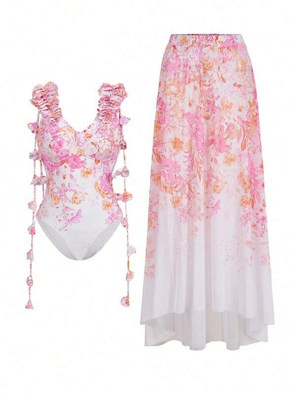 Swim Oasis Women's Romantic Floral Gradient Print One-Piece Set With 3D Flower And Tassel Decor