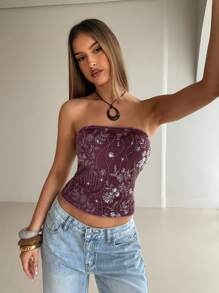 Aloruh 女士性感酒红色刺绣亮片露肩短款上衣，派对装 - 酒紅色 - 查看 6