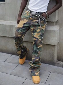ROMWE MEN Street Life Men's Sparkling Diamond Layered Flare Camouflage Jeans - Multicolor - View 5