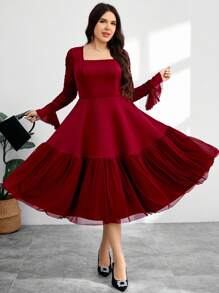 Modelyn Plus Size Elegant Party Ruched Flare Sleeve Dress - Burgundy - View 1
