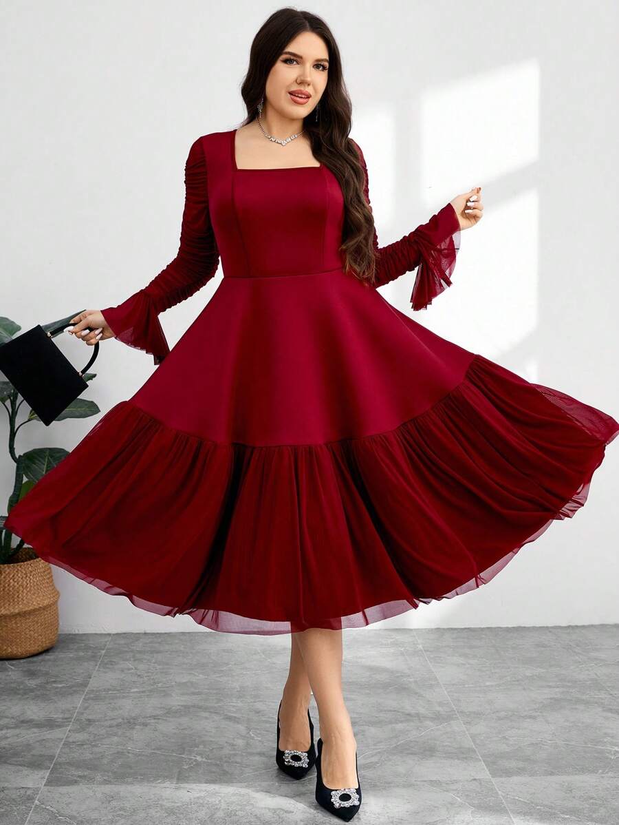 Modelyn Plus Size Elegant Party Ruched Flare Sleeve Dress - Burgundy - View 1