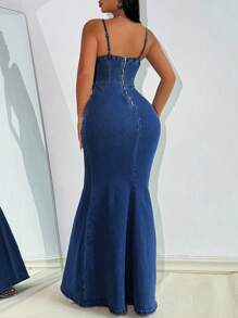 SHEIN Lady Women's Sexy Bodycon Denim Slip Dress, Blue Denim Mermaid Dress - Dark Wash - View 2