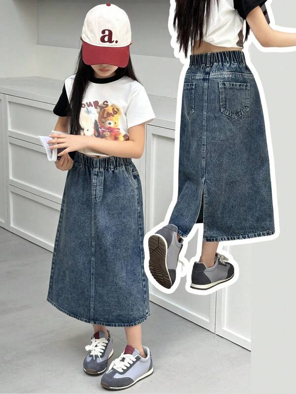 SHEIN Genkimix Kids Tween Girls Dark Washed Denim A-Line Skirt, Sweet & Casual For Summer! Made Of Soft Denim Fabric In A Deep Blue Wash, With An Elastic Waistband For Easy Wear. The Flared A-Line Silhouette And Side Slit Design Offer A Relaxed, Look. Perfect For Daily Outings, School, Campus Life, Back-To-School Season, Vacations And More, Creating A Carefree Yet Fashionable Style! Fall Winter
