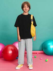 SHEIN Back To School Season Tween Boy Casual Minimalist Comfortable Mid-Waist Drawstring Letter Print Sweatpants Grey Sweatpants Tween - Grey - View 3