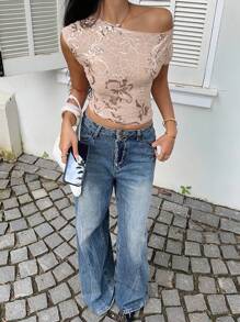 Siren Gaze Women's Sequined Asymmetrical Shoulder Top,Elegant Gold Sequin Embroidered Y2K T-Shirt For Summer Party Night,Fashionable Pink Casual All-Season Top - Pink - View 4