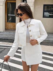 Serisse 女士金属单排扣长袖夹克和中长裙优雅两件套 - 杏色 - 查看 7