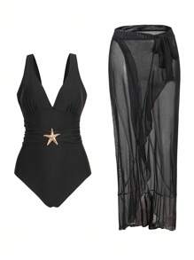Swim Oasis Maillot de bain une pièce pour femme avec encolure en V et robe longue en maille de plage, 2 pièces ensemble de bain